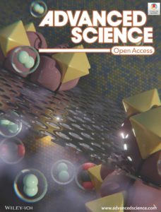 A scientific cover art for Advanced Science. The journal cover is related to chemistry and materials science. The cover artwork shows gas separation by MOFs.