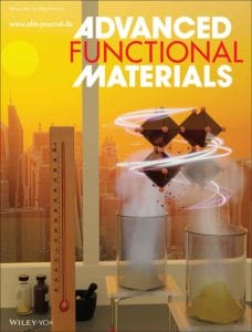 The inside cover design of Advanced Functional Materials, showing the formation of a novel perovskite solar cell materials.