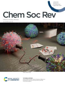 A cover artwork for Chem Soc Rev. The design shows sginalling and messaging between various chemical systems.
