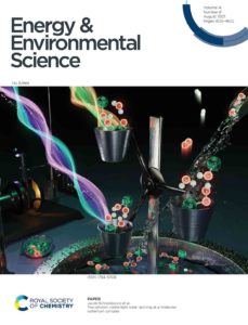 The outside cover design of Energy and Environmental Science journal, showing a novel catalyst for water splitting.