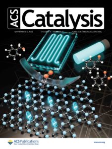 Cover artwork for ACS Catalysis showing carbon nitride used in a catalytic reaction.