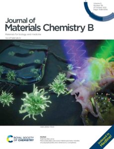 Cover design for the Journal of Materials Chemistry B showing metal complexes attacking a tumour..