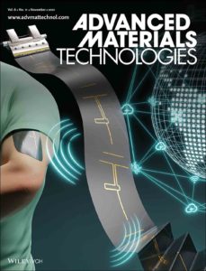 The cover design of Advanced Materials Technologies, showing a flexible wearable antena.