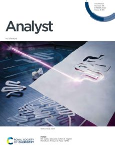 A cover artwork for the Royal Society of Chemistry Journal Analyst. The design shows how a laser can be controlled to cut paper that can be used to create microfluidic devices.