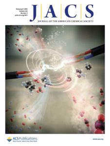 A supplementary cover for JACS. The image depicts an electrochemical process to capture and release CO2 molecules.