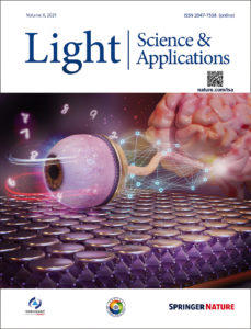 The cover of Nature Light Science and Applications. The design shows a perovskite based photodetector represented by an eye and neural networks.