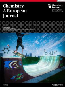 A cover design for Chemistry a European Journal, showing a catalytic representation. The catalyst is shown as a skateboarder transforming the reactants into products.