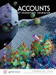 The front cover design of ACS Accounts of Materials Research. The cover shows a mask and fabric covered with crystals that aid in destroying pathogens.