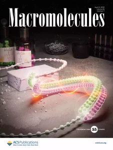 The front cover of ACS Macromolecules. The cover shows the creation of a new polymer with unique thermal properties.