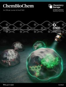 The front cover of ChemBioChem. The image shows cells that are fluorescent.