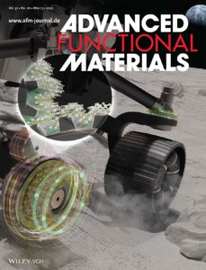 A cover art for Advanced Functional Materials. The design whos a rover on a lunar surface with a new solid lubricant based on 2d materials.