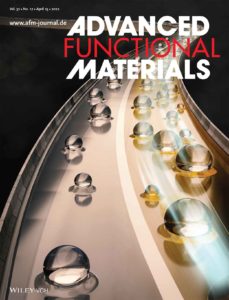 A cover art for Advanced Functional Materials. The cover shows a highway with droplets experiencing different hydrophobic surfaces as they slide downwards, which affects their flow.