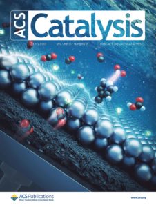 A cover design for ACS Catalysis. The image shows CO2 electrocatalysis taking place on a silver surface decorated with pyridines.