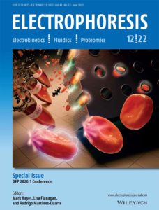 This cover of Wiley Electrophoresis shows red blood cells entering a device where their electrical properties are measured.