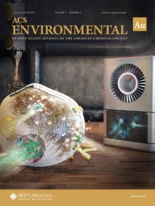 Front cover art for ACS Envirnmental Au. The image shows a mask coated by electrospun fibres that can be used to eliminate viruses.