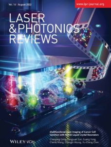 The front cover of Laser adn Photonics Reviews. The design shows a laser exciting microlasers which are used to detect the changes of biological cells.