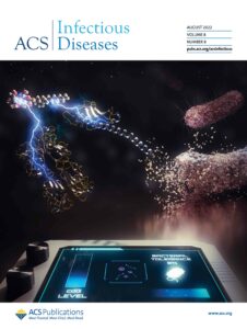 The front cover art of ACS Infectious Diseases. The image shows bacteria being destroyed with an antibacterial molecule.