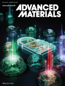 The front cover design of Advanced Materials. The science journal cover shows a number of cells emitting lasers and a lock in the centre to signify applications in cryptography.