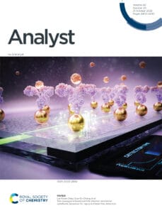 This front cover art in Analyst, shows a biosensor based on plasmonic effects in gold nanoparticles.
