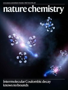 Cover art of Nature Chemistry. This science journal cover shows pyridine monomers combining to form larger molecular clusters.