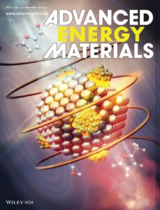 The front cover design of Advanced Energy Materials. The image shows a large nanoparticle decorated with smaller one, which are acting as a catalyst.