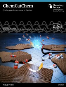 Scientific cover design on the front of ChemCatChem. The image shows a number of copper crystals and a copper wire, converting CO2 into ethanol.