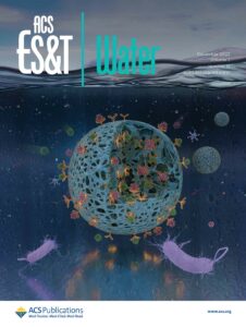 The front cover art of ACS ES&T Water. The cover shows a porous structure submerged in water and surrounded by different types of viruses.