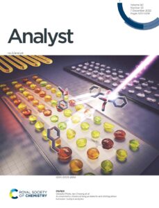 The cover art of the journal RSC Analyst. The image shows a device with hydrogel droplets that change color upon light irradiation. The color change indicates the presence of certain chemicals.