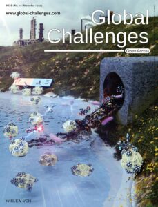 The front cover design of Global Challenges, showing a sewer discharging polluted water. The polluted water is then decontaminated using a metal-polymer composite.