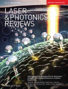 A swarm of robotic microstructures delivering DNA into a cell that is being irradiated by a light beam. The image appeared on the cover of Laser and Photonics Reviews.