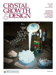 Cover art for ACS Crystal Growth and Design. The design shows crystals forming out of a melt, surrounded by molecules and chemicals in a lab setting.
