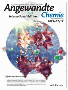 Cover art for Angewandte Chemie, showing a crystal structure under water. The structure is selectively porous to water molecules and excludes other molecules such as O2 and N2, etc.