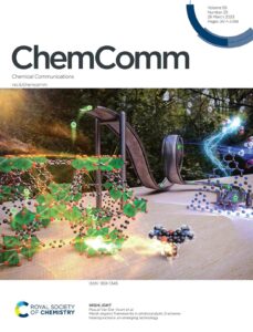 The front cover design for ChemComm. The image shows two crystal structures, with electrons being ejected from one and then hop on a rollercoaster where they are transferred into the other material. The background consists of trees and leaves to indicate that this process mimics natural photosynthesis.