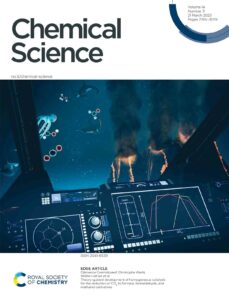 The front cover design for the journal Chemical Science. It shows an under water submarine with three volcanoes, and few marine creatures surrounded by molecules.