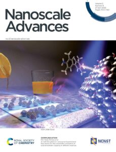 A cover art for Nanoscale Advances. The image shows an orange juice cup with an orange dripping on a sensor device.