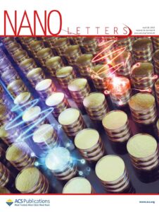 A design on the front of Nano Letters. The image shows an array of plasmonic antennas with light excitations.