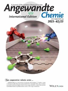 An image that appeared on the cover of Angewandte Chemie, showing robotic arms assembling molecules on a conveyer belt.