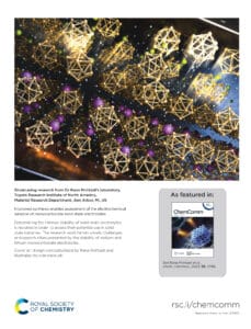 The back cover of ChemComm, a journal published by RSC. The cover shows a number of La and Na salts depositing on metal electrodes.
