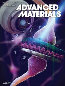The front cover of Advanced Materials. The design shows neurons with a device consisting pf phosphorene sandwiched between them along with a robotic eye.