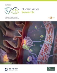 A design on the front of Nucleic Acid Research journal. The image shows a part of a mitochondria with proteins attaching to its walls.