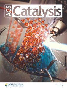 A cover design for ACS Catalysis. The cover shows a crystal in a beaker with a laser irradiating it.