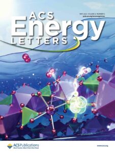 A cover art for ACS Energy Letters, showing a crystal underwater, with oxygen molecules and electrical sparks.