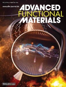 The back cover of Advanced Functional Materials. The image shows a graphene lawyer sandwiched between copper and nickel metal surrounded by flames and embers.