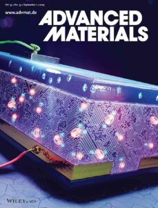 The cover art of Advanced Materials. The cover shows a transistor made of polymer with ordered and disordered domains, and red and blue glowing orbs, representing polarons.