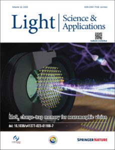 A cover design for Nature: Light, Science and Applications. The cover shows a camera lens made of MoS2 with light trails and neurons in the background.