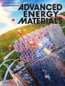 A cover design for the journal Advanced Energy Materials. The design shows a crystal in a beaker with a green nature scenery.