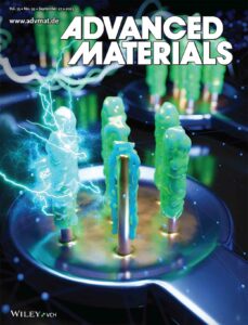 A cover design for Advanced Materials journal. The image shows nanowires covered with a polymer along with electrical sparks.