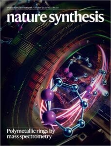 The cover of Nature Synthesis. The cover art shows metallic clusters passing through a spectrometer.