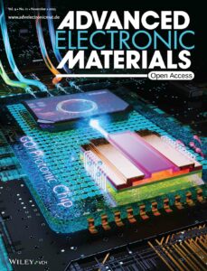Cover art of Advanced Electronic Materials journal, showing a chip made of germanium with fiber optics and electronic components.