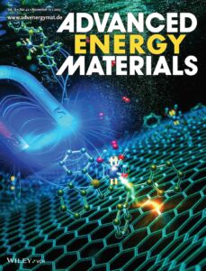 Journal cover design for Advanced Energy Materials showing a magnet and a large graphene sheet with molecules adsorbed on it.